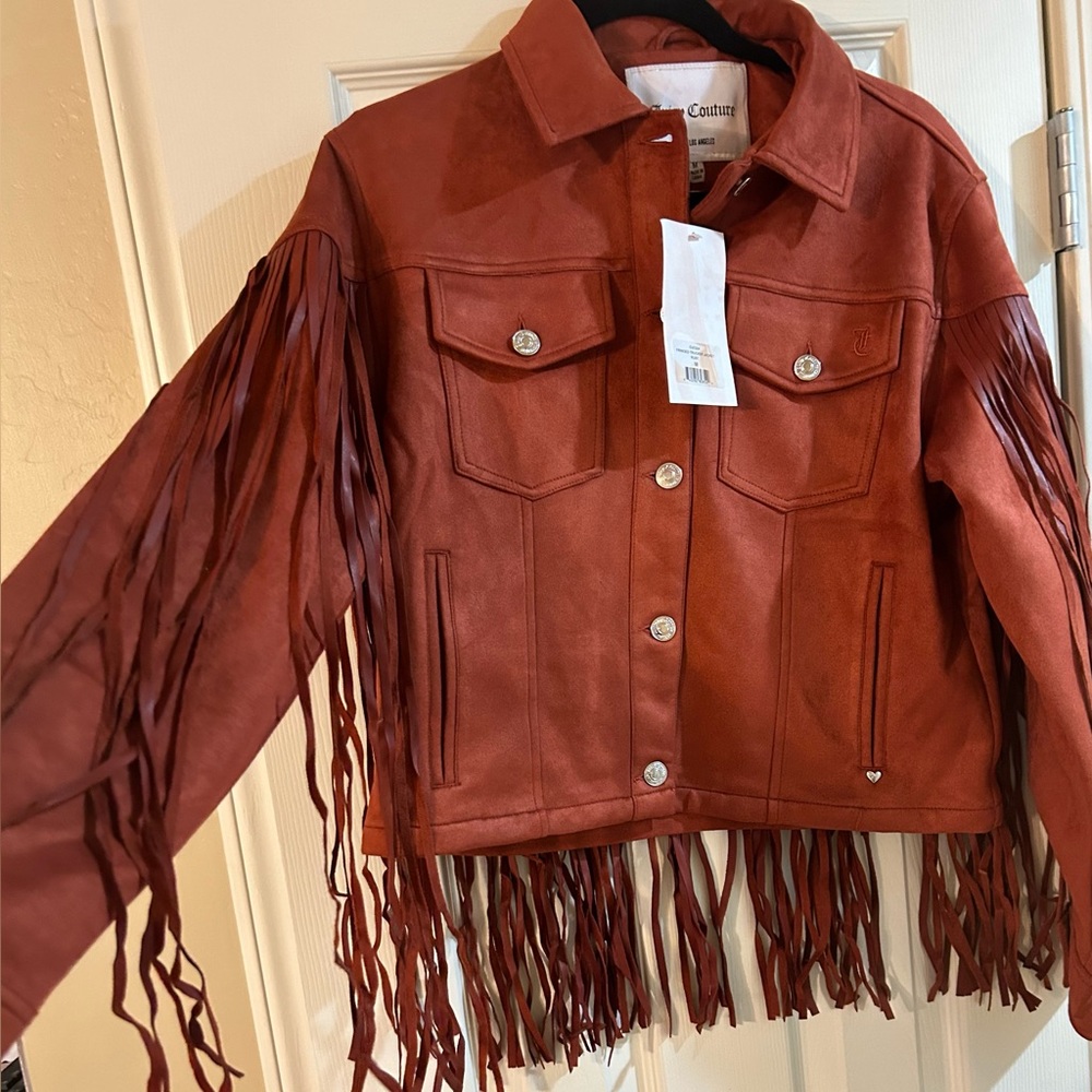 Justice Couture Fringe Trucker Jacket Medium Rust Color NWT